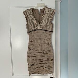 Nicole Miller Taupe Ruched V-Neck Mini Dress with Beaded Waist